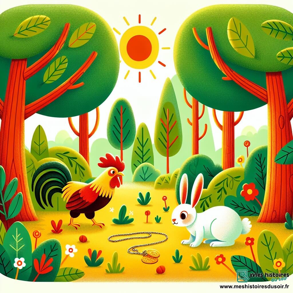 Illustration d'une forêt ensoleillée avec des arbres aux troncs épais et des feuilles vertes éclatantes. Au centre, un coq aux plumes dorées et rouges, avec une crête flamboyante, cherche son collier brillant, l'air inquiet. À ses côtés, un lapin aux grandes oreilles, au pelage blanc et doux, observe le sol, prêt à aider son ami. La scène montre le coq penché, scrutant l'herbe, tandis que le lapin s'accroupit, les yeux grands ouverts. Des fleurs colorées parsèment le sol, et un rayon de soleil filtre à travers les branches, illuminant le collier caché sous une feuille.