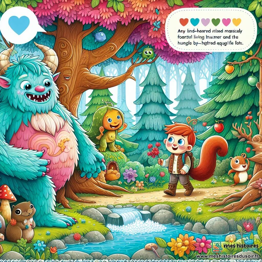 Une illustration destinée aux enfants représentant un monstre au cœur tendre vivant dans une forêt enchantée, accompagné d'un écureuil garçon nommé Noisette, dans un décor magique avec des arbres majestueux, des fleurs colorées et un ruisseau étincelant.