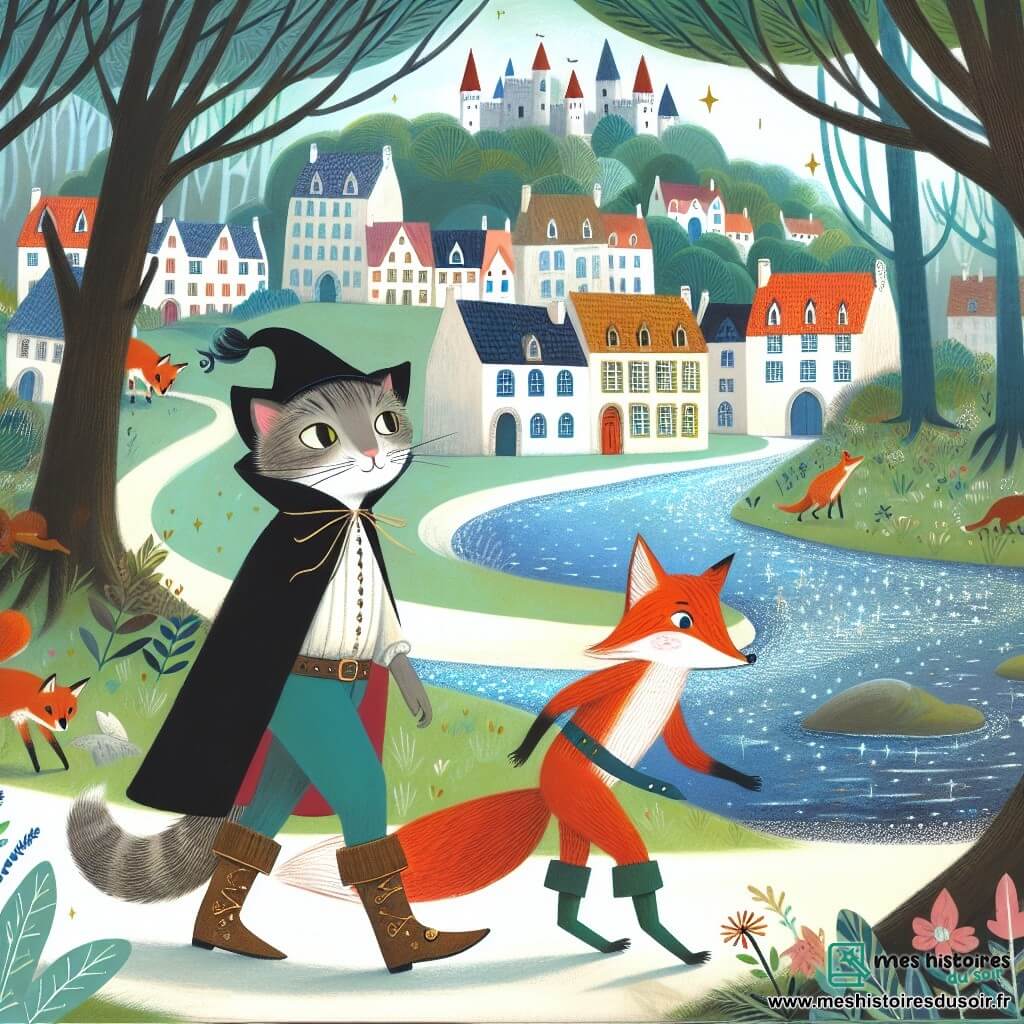 Une illustration destinée aux enfants représentant un chat malicieux vêtu d'une cape et de bottes en train de naviguer dans une forêt enchantée, accompagné d'un renard rusé, dans le village pittoresque de Châteauville où les maisons colorées s'alignent le long d'une rivière scintillante.