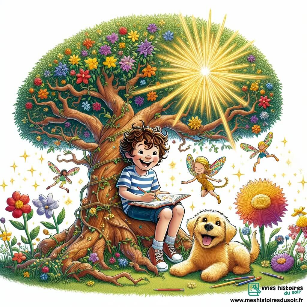 Une illustration sous forme de dessin destinée aux enfants représentant un jardin coloré et ensoleillé, avec des fleurs éclatantes et un grand arbre majestueux, où un garçon de 7 ans aux cheveux bruns et bouclés, portant un t-shirt rayé et un short, est assis sur une branche, souriant joyeusement tout en tenant un livre rempli de dessins, tandis qu'un petit chien au pelage doré, avec des yeux pétillants, joue à ses pieds, et des elfes aux couleurs vives dansent autour d'eux, créant une atmosphère magique et pleine d'amitié, symbolisant l'espoir et la joie malgré les défis de la maladie.