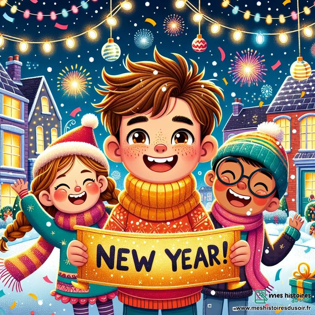 Illustration destinée aux enfants représentant une scène festive dans un quartier animé décoré pour le Nouvel An, où des guirlandes lumineuses scintillent dans la nuit étoilée et des flocons de neige tombent doucement sur le sol. Au centre de l'image, un garçon de 11 ans aux cheveux ébouriffés et aux yeux pétillants, vêtu d'un pull rouge vif, tient une grande banderole dorée sur laquelle est écrit "Bienvenue, Nouvelle Année !" avec un sourire radieux sur son visage. À ses côtés, deux amis : une fille aux cheveux bruns tressés, portant un bonnet de Noël, qui rit joyeusement, et un garçon aux lunettes rondes, habillé d'une écharpe colorée, qui lance des serpentins dans les airs. Ensemble, ils célèbrent l'arrivée de la nouvelle année, entourés de confettis colorés et de feux d'artifice illuminant le ciel, créant une atmosphère magique et joyeuse.