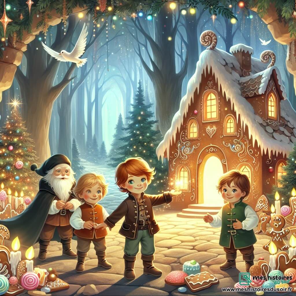 Une illustration destinée aux enfants représentant un petit garçon malin et courageux, se retrouvant avec ses frères devant une maison en pain d'épices enchantée, entourée de sucreries scintillantes, au cœur d'une forêt mystérieuse et pleine de magie.