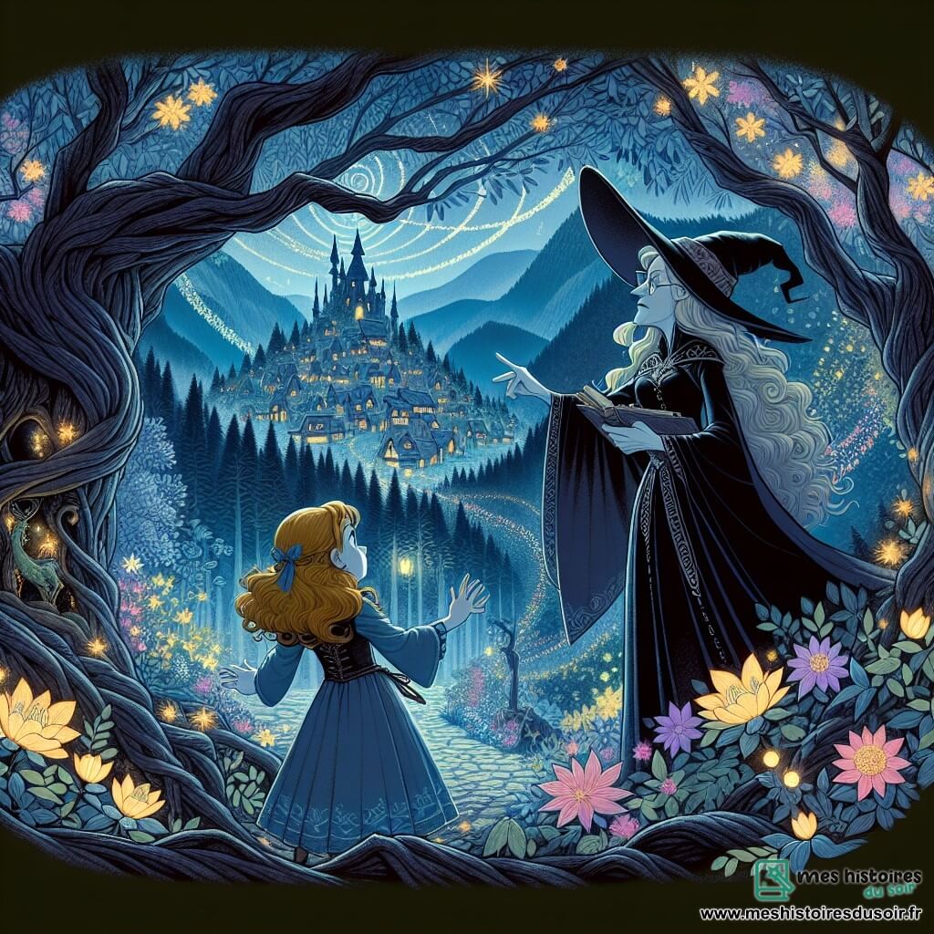 Une illustration destinée aux enfants représentant une apprentie sorcière, une sorcière maléfique jalouse, une forêt enchantée aux arbres centenaires et aux fleurs lumineuses, et un petit village caché au creux des montagnes, où la magie et l'aventure se mêlent dans des tourbillons de couleurs et d'éclats.