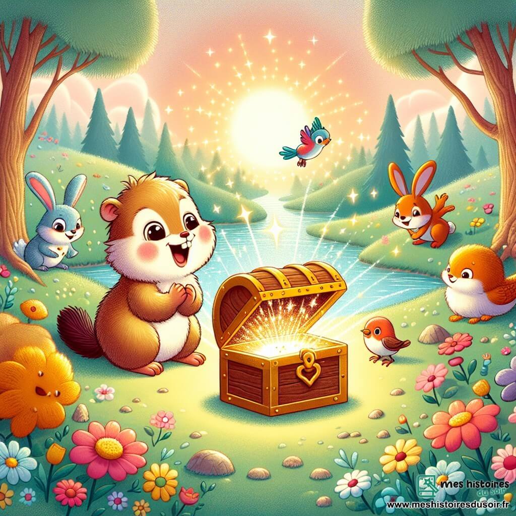 Une illustration sous forme de dessin destinée aux enfants représentant une clairière magique ensoleillée, remplie de fleurs colorées et de ruisseaux scintillants, où une petite marmotte au pelage doux et aux yeux ronds, pleine d'enthousiasme, se tient devant un coffre brillant, entourée de ses amis : un lapin aux grandes oreilles et un oiseau aux plumes éclatantes, tous émerveillés par la découverte du trésor de l'amitié, symbolisé par des lumières dansantes émanant du coffre.
