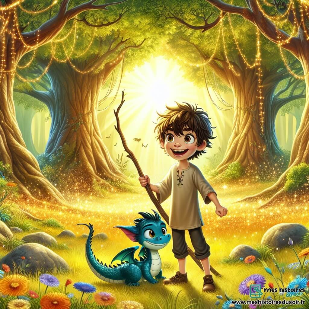 Illustration d'une clairière enchantée au cœur d'une forêt magique. Des arbres majestueux aux troncs épais et aux feuilles vert éclatant forment un dôme naturel, laissant passer des rayons de soleil dorés qui illuminent le sol fleuri. Au centre, un garçon d'environ dix ans, aux cheveux bruns en bataille et au sourire malicieux, tient un bâton en bois, prêt à aider. Il porte une tunique simple et des pantalons en toile, son regard pétillant d'excitation trahit sa détermination. À ses côtés, un petit dragon aux écailles bleu profond, de la taille d'un chat, se frotte contre lui. La scène montre le garçon libérant le dragon d'un filet magique, concentré, tandis que des éclats de lumière scintillent autour d'eux, créant une atmosphère féerique. En arrière-plan, des oiseaux colorés volent joyeusement et des fleurs dansent au rythme d'une brise légère, ajoutant une touche de magie à cette scène héroïque.
