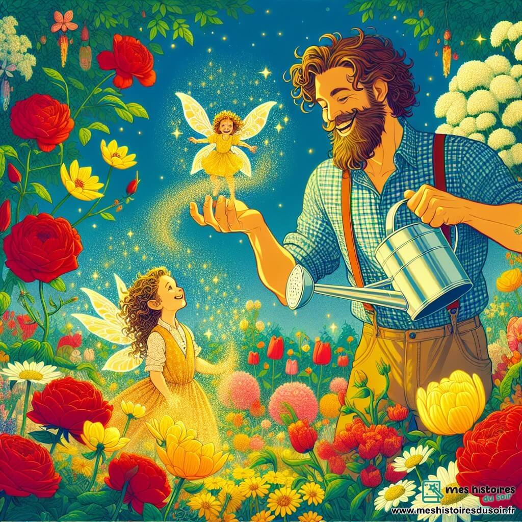 Illustration d'un jardin coloré rempli de fleurs éclatantes : roses rouges, tulipes jaunes et marguerites blanches, toutes dansant sous un ciel bleu clair. Au centre, un homme au grand cœur, cheveux bruns bouclés et barbe soignée, sourit joyeusement. Vêtu d'une chemise à carreaux et d'un pantalon en toile, il s'occupe de ses fleurs avec tendresse, les arrosant d'un arrosoir en métal brillant. À ses côtés, une petite fée aux ailes scintillantes, d'environ six ans, avec de longs cheveux dorés et une robe en pétales de fleurs, admire les fleurs autour d'elle, ses yeux pétillants de magie. La scène montre l'homme et la fée partageant un moment de bonheur, célébrant le retour de la magie dans le jardin, avec des éclats de lumière dorée flottant autour d'eux. En arrière-plan, des arbres majestueux aux feuilles vertes vibrantes ajoutent une touche de mystère à cette scène enchantée.