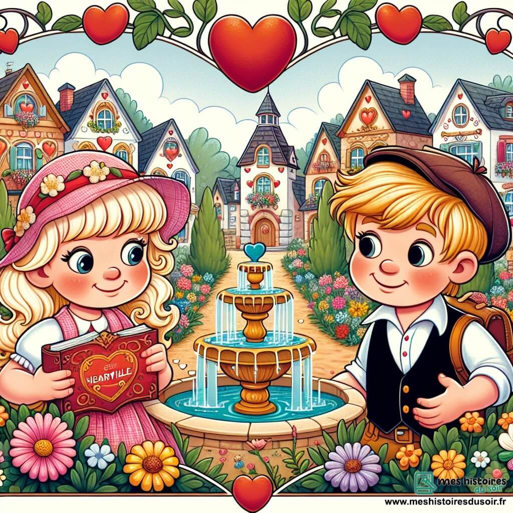 Une illustration destinée aux enfants représentant une charmante fillette vivant une aventure mystérieuse avec son meilleur ami, un garçon espiègle aux boucles blondes, dans la ville pittoresque de Coeurville, décorée de coeurs, de fleurs colorées et d'une fontaine du Coeur.
