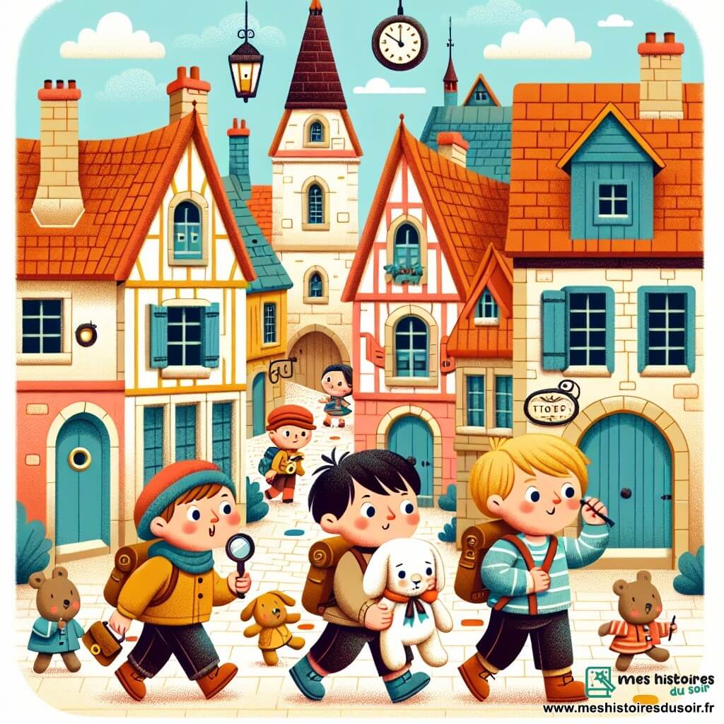 Une illustration destinée aux enfants représentant un jeune garçon intrépide menant une enquête pour retrouver sa peluche disparue, aidé de ses amis, dans la charmante ville de Pommeville, avec ses ruelles pavées et ses maisons colorées aux toits en pente.