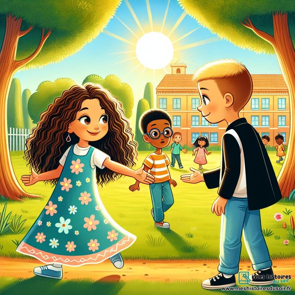 Une illustration sous forme de dessin destinée aux enfants représentant une cour d'école ensoleillée, avec des arbres verdoyants et des enfants jouant autour, au centre une fille de 9 ans aux cheveux bouclés et bruns, portant une robe à fleurs, qui sourit en tendant la main vers une nouvelle élève d'origine algérienne, aux longs cheveux noirs et aux yeux pétillants, tandis qu'un garçon aux cheveux courts et blonds, légèrement en retrait, les observe avec un air surpris, symbolisant l'acceptation et l'amitié face aux moqueries, le tout entouré de dessins colorés représentant la diversité culturelle.