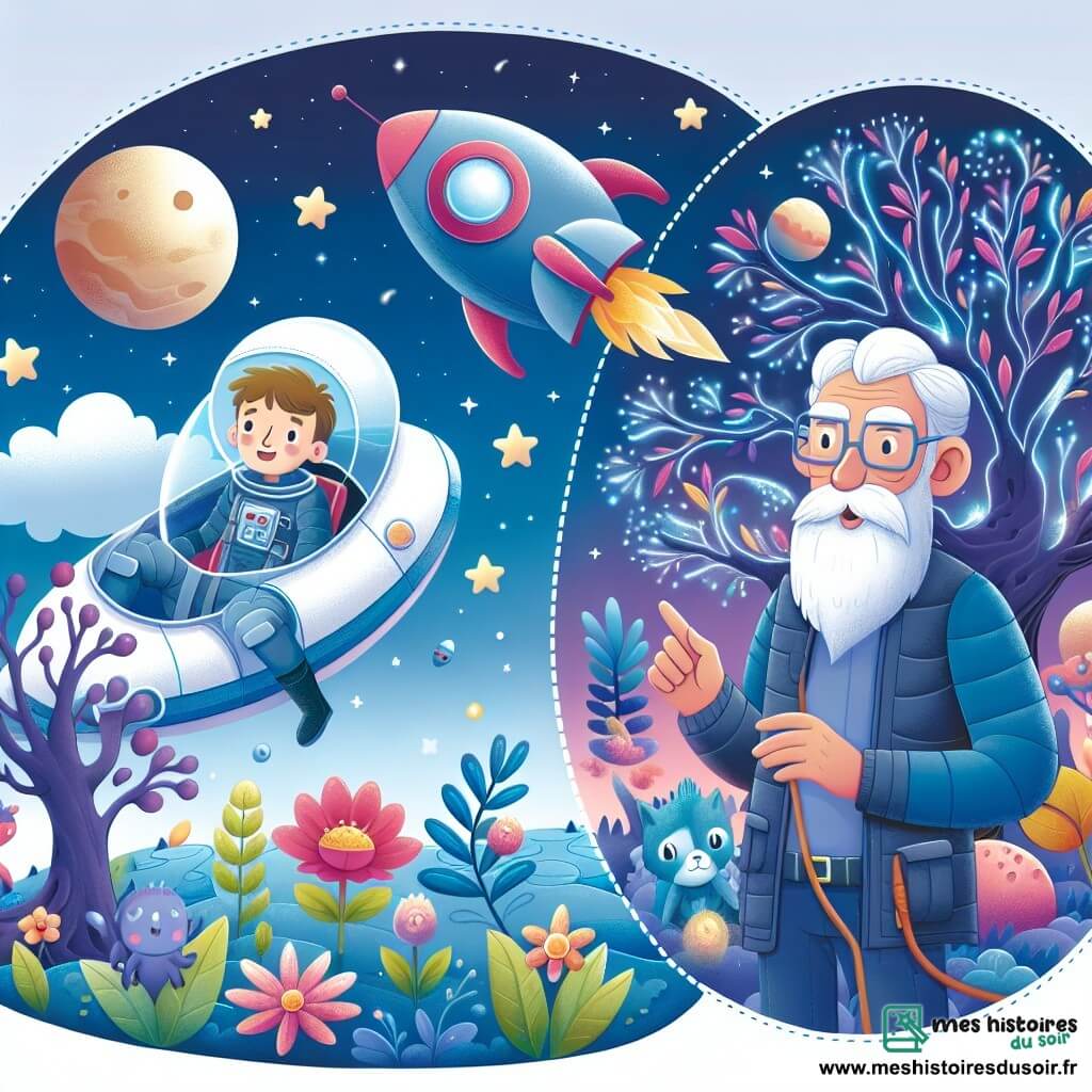 Une illustration destinée aux enfants représentant un homme solitaire dans un vaisseau spatial, accompagné d'un sage vieux homme, explorant une planète aux arbres lumineux, aux fleurs envoûtantes et aux animaux aux couleurs chatoyantes.