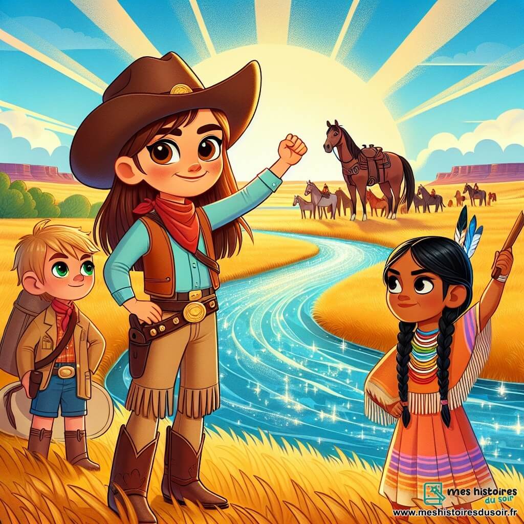 Une illustration sous forme de dessin destinée aux enfants représentant un vaste paysage de prairie dorée sous un ciel bleu éclatant, avec une jeune cow-girl aux cheveux longs et bruns, portant un grand chapeau de cow-boy et un gilet en cuir, debout avec détermination au bord d'une rivière scintillante, tandis qu'à ses côtés se tient une jeune Indienne aux cheveux noirs tressés, vêtue d'une robe colorée, levant une main en signe de solidarité, alors qu'ensemble, elles rassemblent un groupe d'enfants de différentes origines, tous unis pour défendre leur terre contre un rancher menaçant, avec des banderoles colorées flottant au vent et des chevaux paisiblement attachés à proximité.