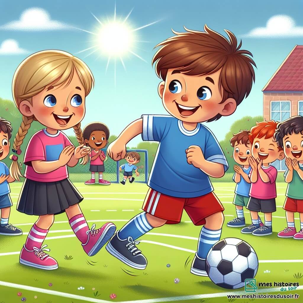 Une illustration sous forme de dessin destinée aux enfants représentant un terrain de football ensoleillé dans une cour d'école, où un garçon de 9 ans aux cheveux bruns en bataille, portant un maillot bleu et un short rouge, dribble le ballon avec un grand sourire, tandis qu'une fille de 9 ans aux cheveux blonds tressés, vêtue d'un t-shirt rose et d'un short noir, l'encourage avec enthousiasme, entourés d'autres enfants qui applaudissent et s'amusent, illustrant ainsi un moment joyeux de camaraderie et d'égalité des genres pendant un tournoi de football scolaire.