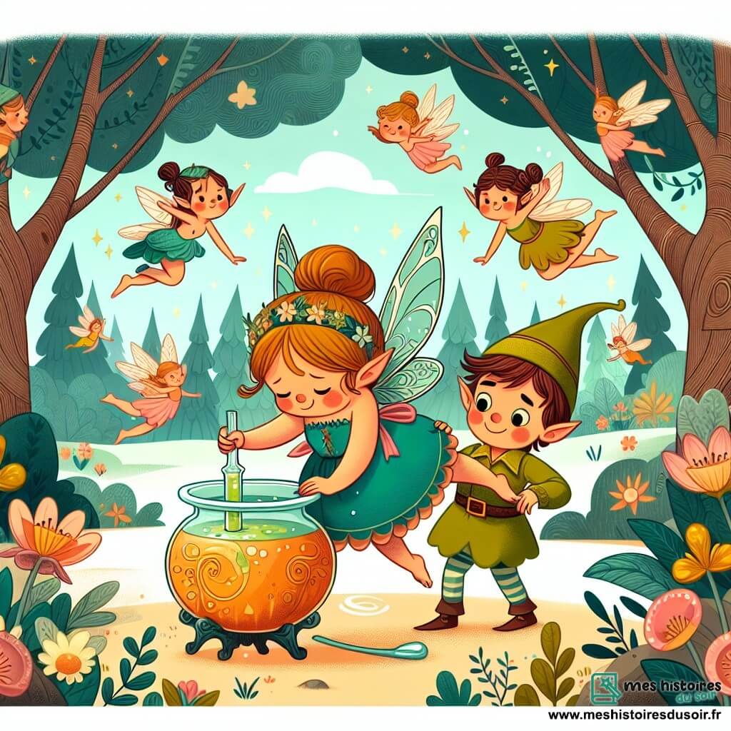 Une illustration destinée aux enfants représentant une fée maladroite tentant de concocter une potion magique, accompagnée d'un lutin farceur, dans la Forêt Enchantée aux arbres dansants et aux fleurs chantantes.