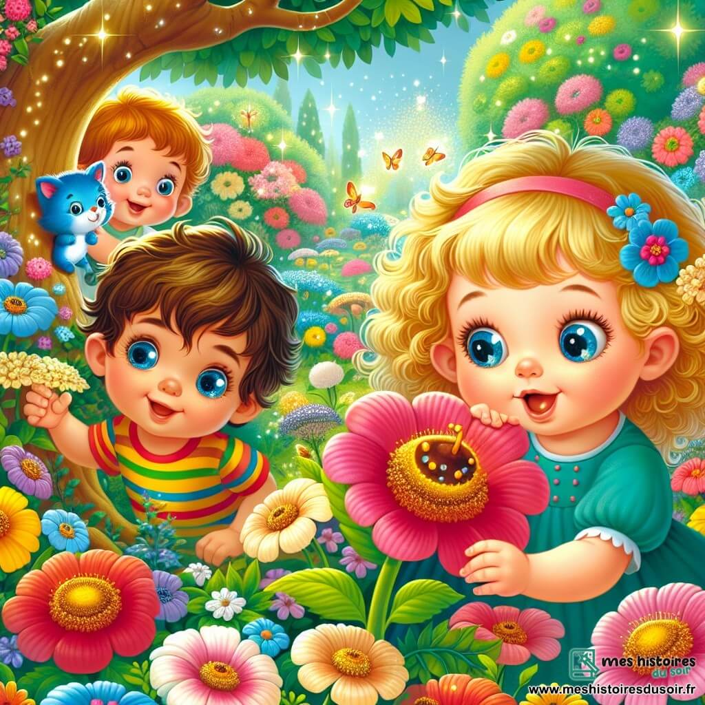 Une illustration sous forme de dessin destinée aux enfants représentant un jardin enchanté, rempli de fleurs colorées et d'arbres aux feuilles scintillantes, où un groupe de deux enfants de 1 an, une petite fille aux yeux brillants et aux cheveux bouclés dorés, et un petit garçon aux cheveux bruns et aux yeux pétillants, s'amusent à explorer en riant, tandis qu'un chat bleu malicieux, avec un sourire espiègle, les observe en se frottant contre une fleur qui chante, capturant l'instant magique de leur quête pour découvrir la Vérité cachée dans le Jardin des Rêves.