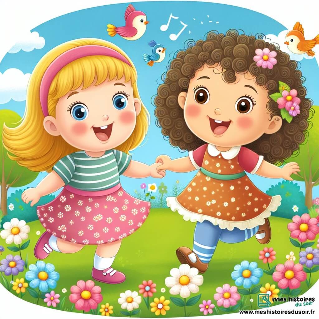 Une illustration destinée aux enfants représentant une petite fille rigolote en train de jouer avec sa meilleure amie, une fillette aux cheveux bouclés, dans un parc coloré rempli de fleurs et d'oiseaux chanteurs.