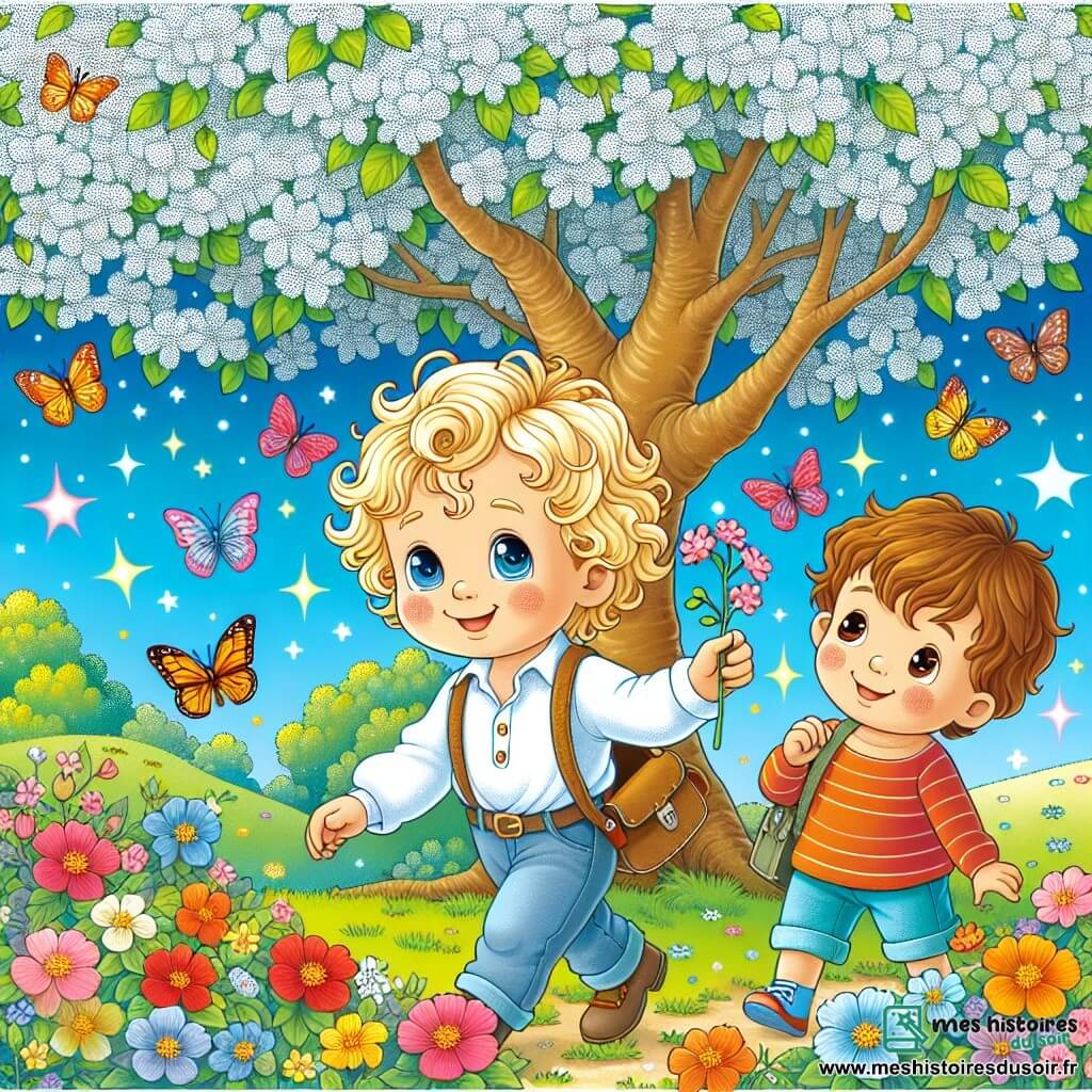 Une illustration destinée aux enfants représentant un garçon aux boucles blondes, explorant un jardin fleuri en compagnie d'un ami, sous un grand arbre aux feuilles chatoyantes et un ciel bleu clair parsemé de papillons multicolores.