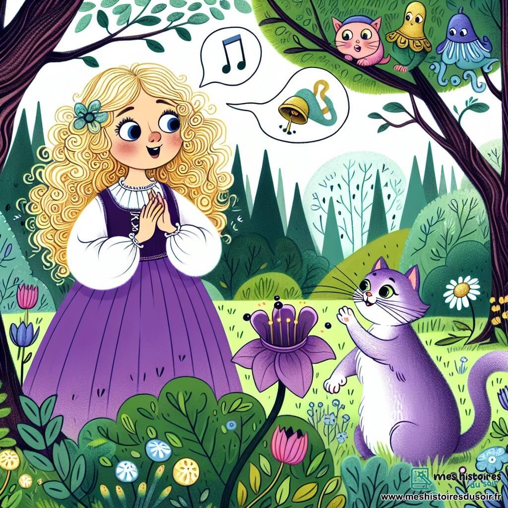 Une illustration destinée aux enfants représentant une fillette aux boucles dorées émerveillée par un chat violet bavard, évoluant dans une forêt enchantée aux arbres qui parlent et aux fleurs chantantes du Monde Magique.