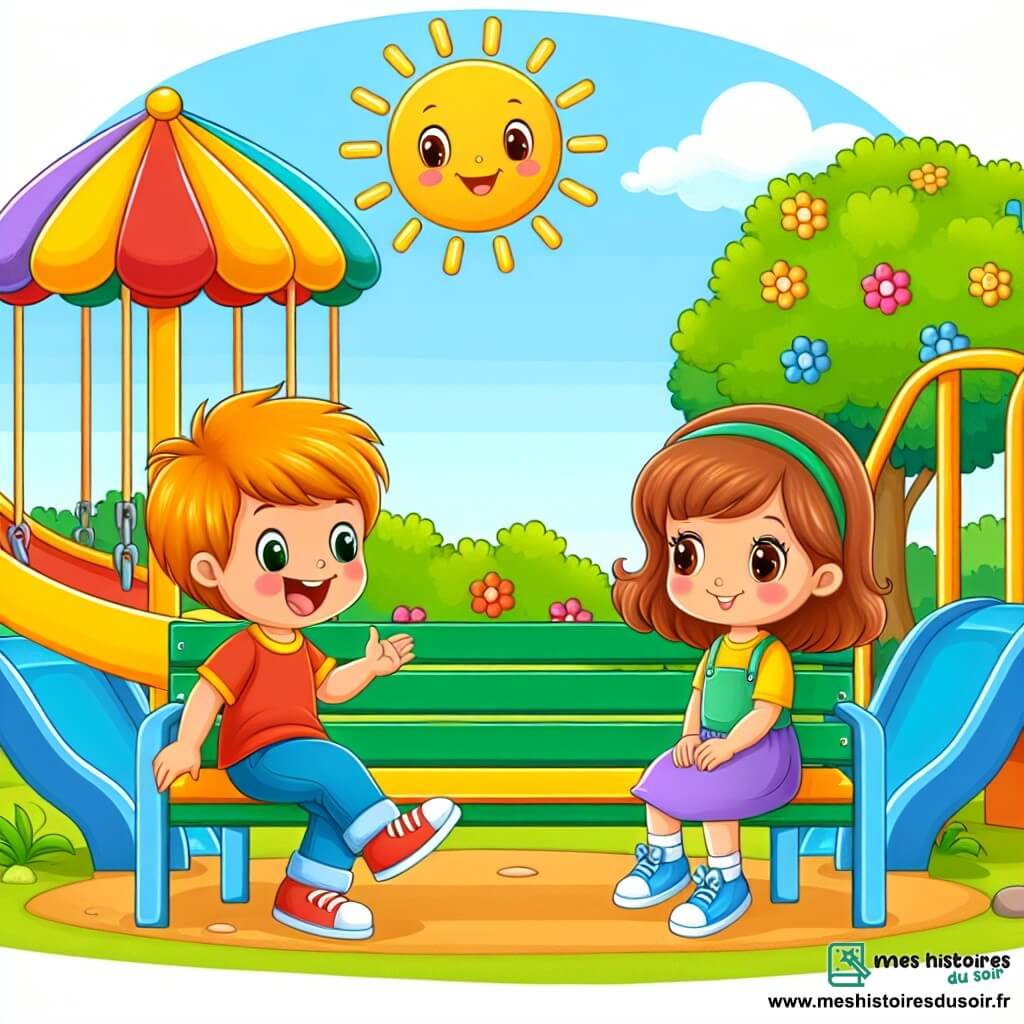 Une illustration destinée aux enfants représentant un jeune garçon plein d'énergie, faisant la rencontre d'une petite fille timide sur un banc, dans un parc ensoleillé rempli de toboggans colorés et de balançoires joyeuses.