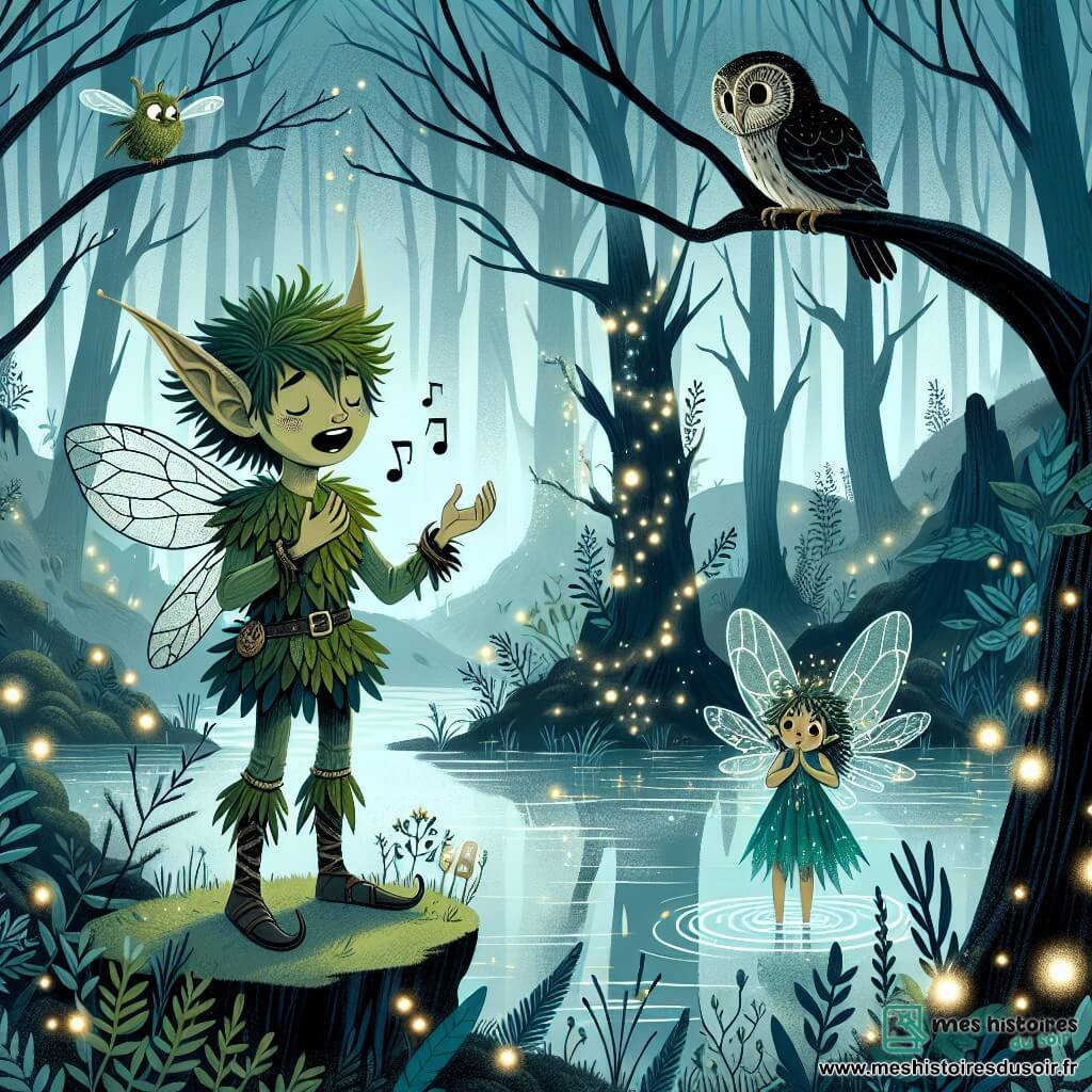 Une illustration sous forme de dessin destinée aux enfants représentant un marais brumeux et enchanté, avec des arbres aux troncs tordus et des lucioles scintillantes dans l'air, où un lutin aux grandes oreilles pointues et aux cheveux ébouriffés couleur d'herbe, vêtu d'une tunique de feuilles, chante avec courage pour repousser des ombres menaçantes, tandis qu'une petite fée aux ailes scintillantes, au visage triste, l'observe avec espoir, et un hibou majestueux aux plumes noires les surplombe, créant une atmosphère magique et pleine de mystère.