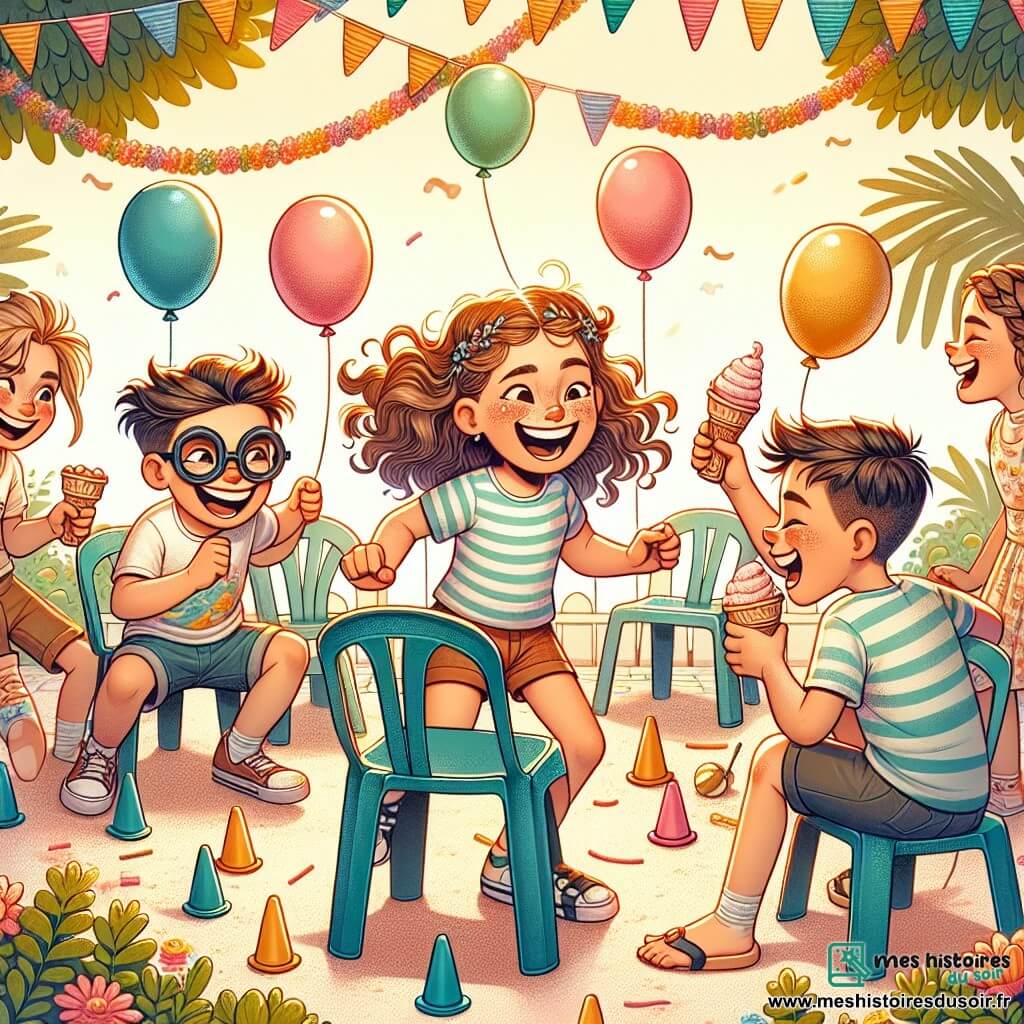 Une illustration sous forme de dessin destinée aux enfants représentant un jardin ensoleillé décoré de guirlandes colorées et de ballons, où une fille de 12 ans aux cheveux bruns et bouclés, vêtue d'un t-shirt rayé et d'un short, rit aux éclats tout en dansant autour de chaises en plastique, tandis qu'un garçon aux lunettes trop grandes pour son visage, un autre garçon avec un gobelet de glace et une fille avec des cheveux tressés éclatent de rire en essayant d'attraper des ballons éparpillés, illustrant une joyeuse compétition de chaises musicales extrêmes entre amis.