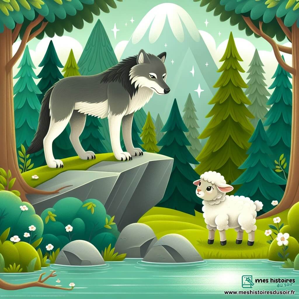 Une illustration destinée aux enfants représentant un majestueux loup solitaire, se tenant debout sur un rocher escarpé, observant avec curiosité un petit agneau doux et mignon, tandis que la forêt enchantée s'étend en arrière-plan, avec ses arbres verdoyants et sa rivière scintillante.