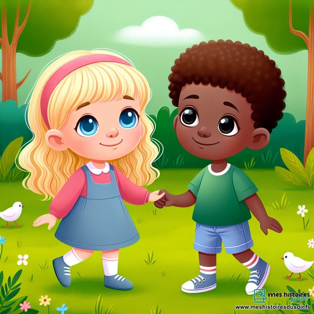 Une illustration destinée aux enfants représentant une petite fille aux cheveux blonds et aux yeux bleus jouant avec un garçon à la peau foncée et aux yeux noirs dans un parc verdoyant, symbole de la diversité et de l'amitié.