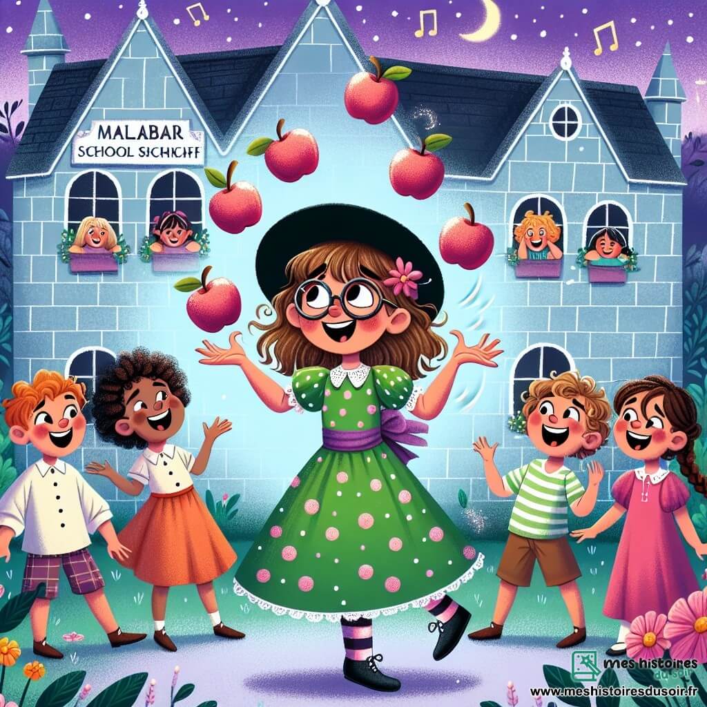 Une illustration sous forme de dessin destinée aux enfants représentant une scène magique dans la cour de l'École de Sorcellerie de Malabar, avec une apprentie sorcière aux cheveux en bataille et lunettes rondes, vêtue d'une robe à pois verts, jonglant avec des pommes qui tombent sur sa tête, tandis qu'un groupe d'enfants aux visages joyeux, comprenant un garçon aux cheveux bouclés et une fille avec une tresse, rit aux éclats en regardant le spectacle, le tout sous un ciel violet parsemé de nuages en sucre et entouré de fleurs chantantes.