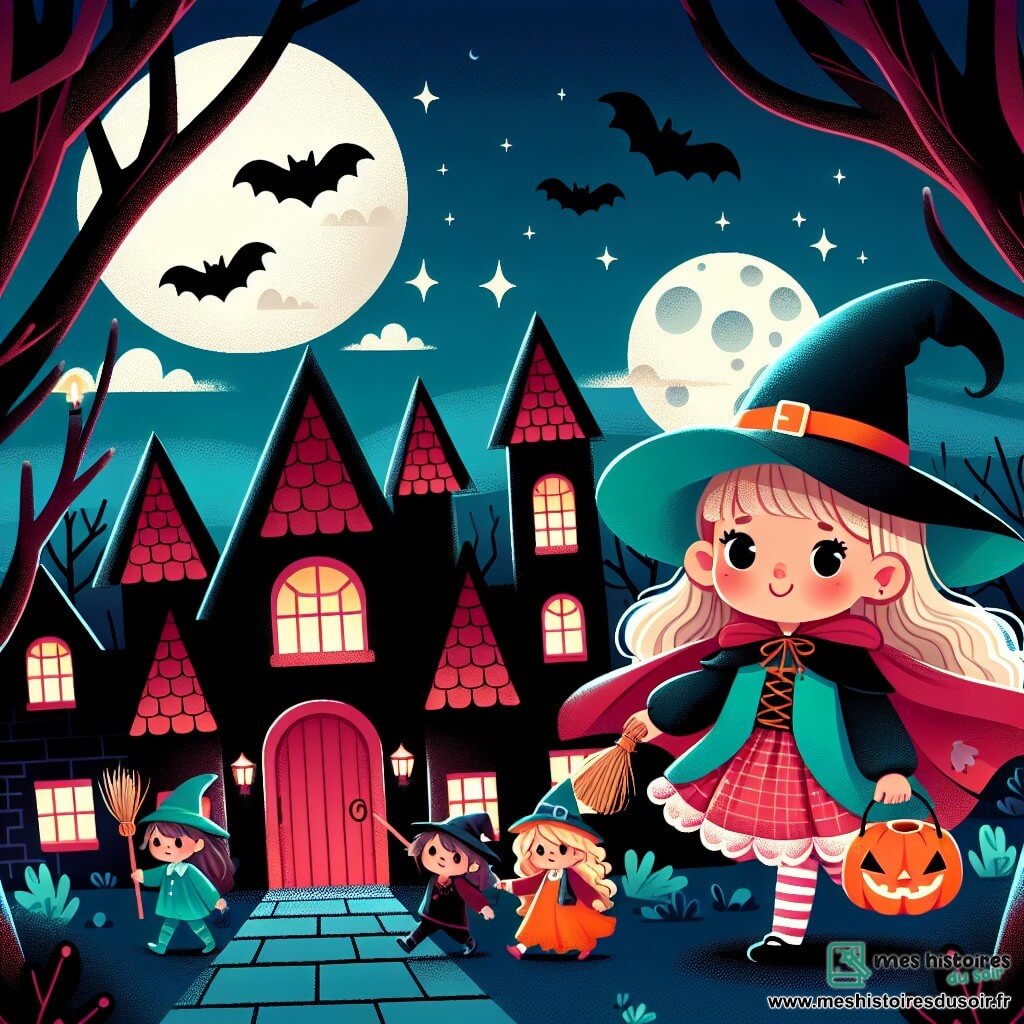 Une illustration destinée aux enfants représentant une petite fille déguisée en sorcière, accompagnée de ses amis, explorant une maison hantée aux tuiles rouges, la nuit d'Halloween.