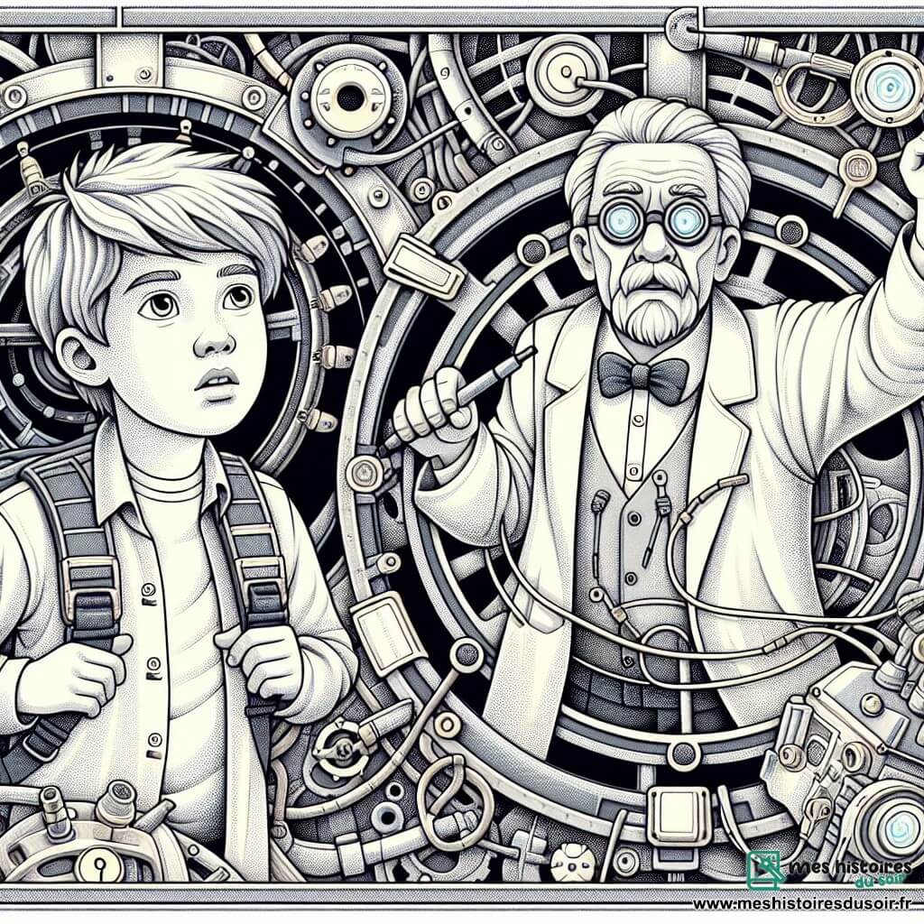 Une illustration destinée aux enfants représentant un garçon curieux se retrouvant projeté à travers le temps, accompagné d'un professeur excentrique, dans un laboratoire futuriste rempli de machines étranges et lumineuses.
