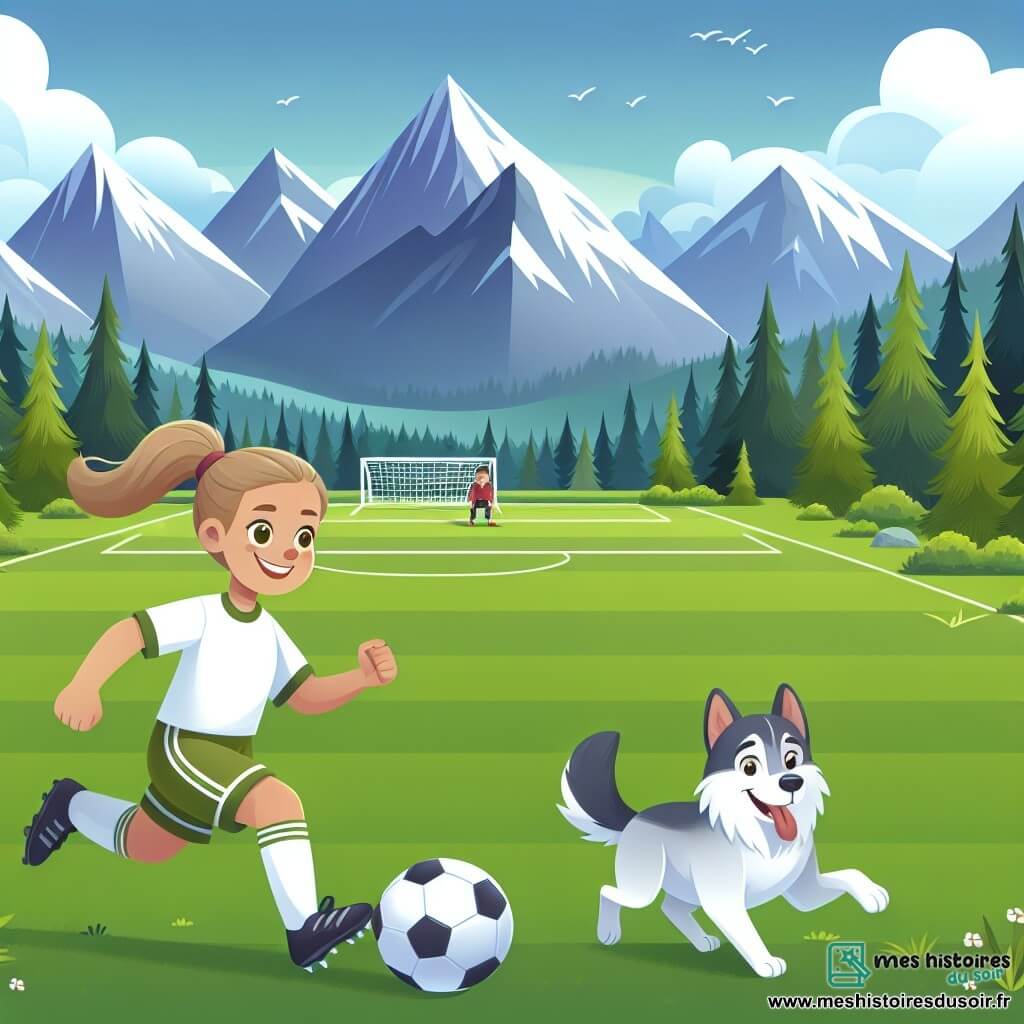 Une illustration destinée aux enfants représentant une joueuse de football passionnée, accompagnée de son fidèle chien, s'entraînant sur un terrain verdoyant entouré de montagnes majestueuses.