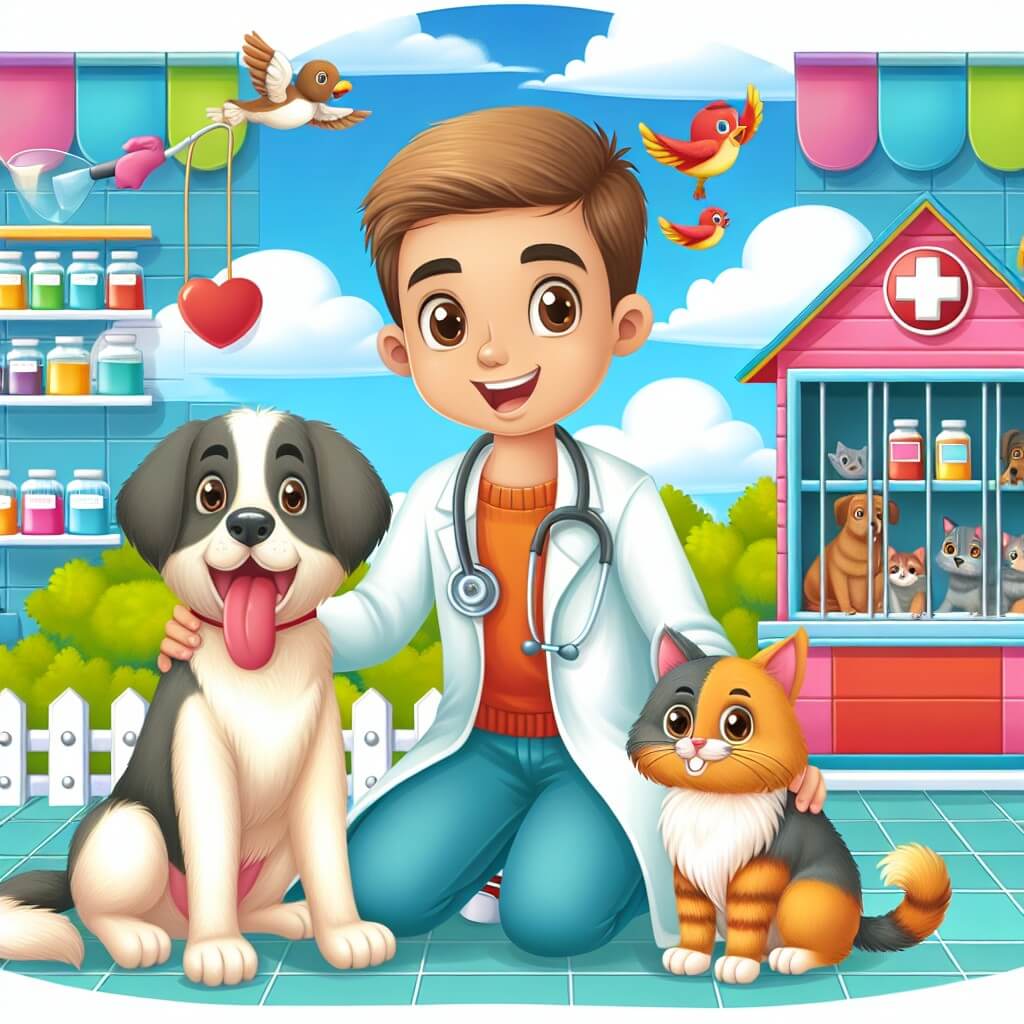 Une illustration destinée aux enfants représentant un jeune homme passionné par les animaux, se trouvant dans une clinique vétérinaire colorée et joyeuse, accompagné de son chien Max et de son chat Tito, tous deux animés d'une grande complicité.