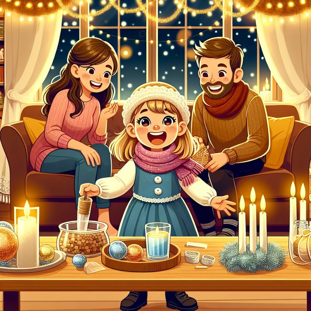 Une illustration destinée aux enfants représentant une petite fille pleine d'enthousiasme, préparant avec joie une fête du nouvel an en compagnie de sa famille dans une maison chaleureuse, décorée de guirlandes scintillantes et de bougies étincelantes.