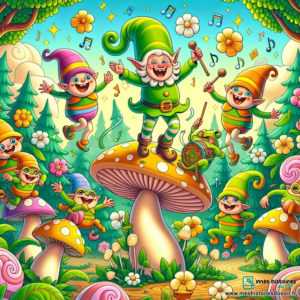 Une illustration sous forme de dessin destinée aux enfants représentant une forêt enchantée pleine de couleurs vives, avec des arbres en guimauve et des fleurs chantantes, où un lutin joyeux avec une grande moustache en spirale et un chapeau vert danse sur un champignon géant, entouré de plusieurs grenouilles farceuses aux chapeaux colorés qui sautent et rient, alors qu'ils célèbrent le retour d'un tambour magique, créant une atmosphère de joie et de magie.
