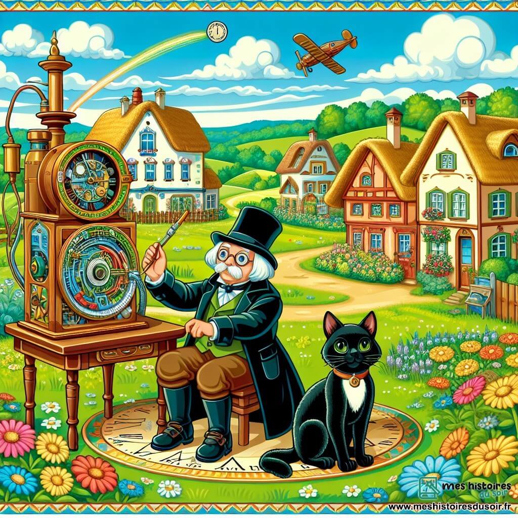 Une illustration destinée aux enfants représentant un inventeur excentrique (homme) découvrant une machine à inverser le temps, accompagné de son fidèle chat noir (mâle), dans un petit village paisible, entouré de maisons colorées aux toits de chaume et de jardins fleuris en bordure de champs verdoyants.