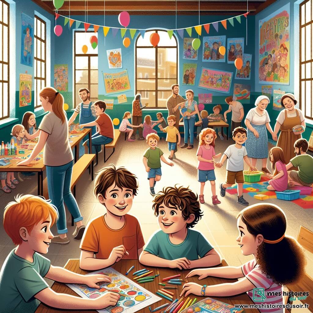Illustration destinée aux enfants représentant un centre communautaire chaleureux, avec des murs peints de couleurs vives et des affiches de jeux et d'activités accrochées, où des familles se rassemblent dans une ambiance conviviale. Au premier plan, un groupe d'enfants de 11 ans, composé de deux garçons aux cheveux châtains en bataille et d'une fille aux cheveux bouclés, tous souriants et engagés, discutent autour d'une grande table en bois, entourés de jeux et de fournitures artistiques. En arrière-plan, une mère de famille, avec des traits fatigués mais un sourire chaleureux, prépare des repas avec d'autres bénévoles, tandis que des enfants jouent joyeusement. La scène dégage une atmosphère d'entraide et de solidarité, illustrant l'importance de la communauté et du partage dans la lutte contre la pauvreté. Des ballons colorés flottent dans l'air, ajoutant une touche festive à l'environnement.
