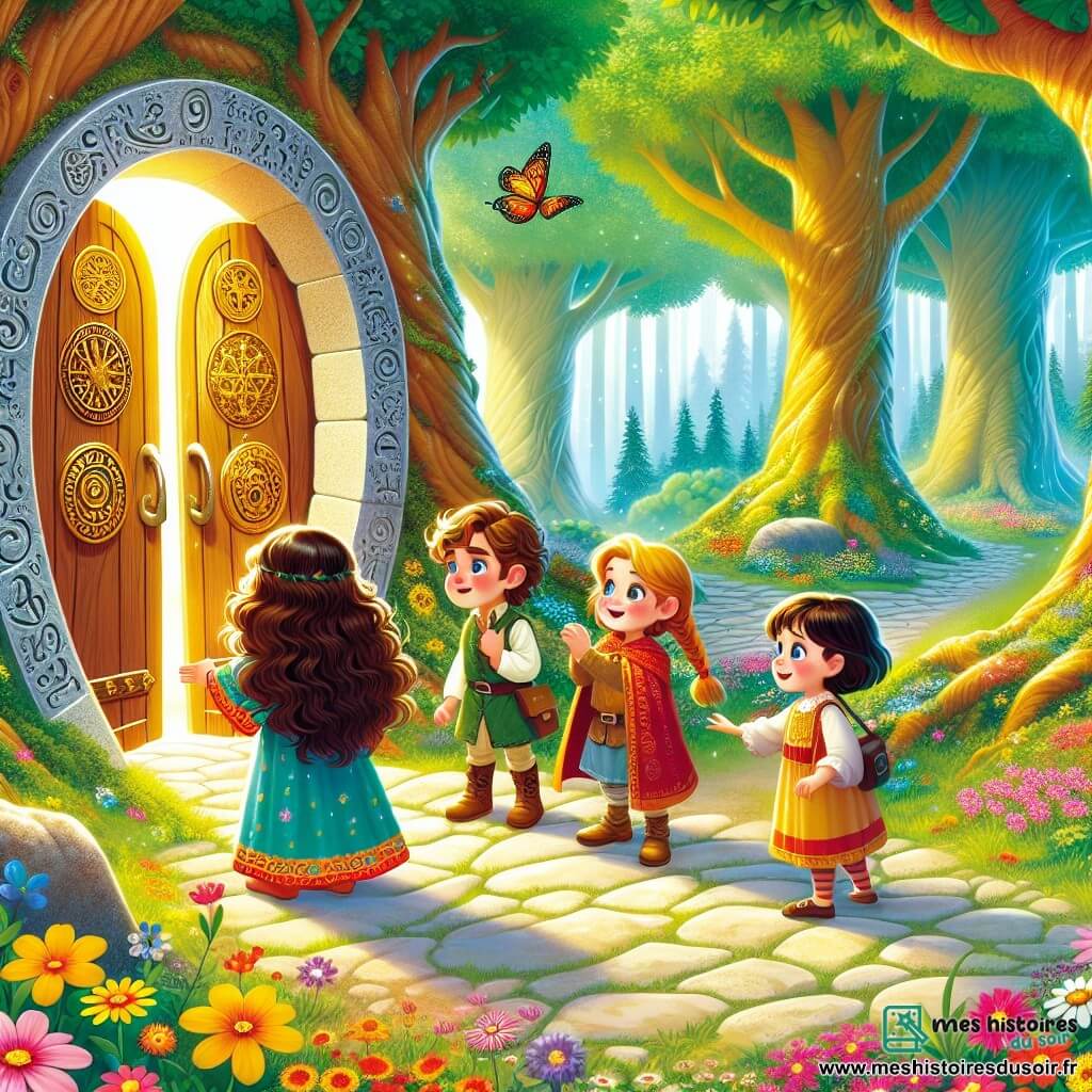 Illustration d'une clairière lumineuse dans un Bois Enchanté. Des arbres majestueux forment une voûte naturelle, tandis que des fleurs colorées créent un tapis vibrant au sol. Au centre, quatre amis : une fille de 8 ans aux longs cheveux bruns et aux yeux pétillants, portant une robe colorée, admire une porte en bois gravée de symboles anciens. À côté, un garçon de 9 ans aux cheveux blonds et aux yeux bleus sourit, prêt à ouvrir la porte. Une autre fille de 7 ans, aux cheveux bouclés, observe les détails, tandis qu'un garçon de 10 ans, avec des lunettes, les encourage à entrer. Ils découvrent une porte magique menant à un monde fantastique, entourés de papillons aux ailes d'arc-en-ciel et d'un dragon amical. L'atmosphère est magique et excitante, avec des rayons de lumière filtrant à travers les branches, illuminant la scène d'une douce lueur dorée.