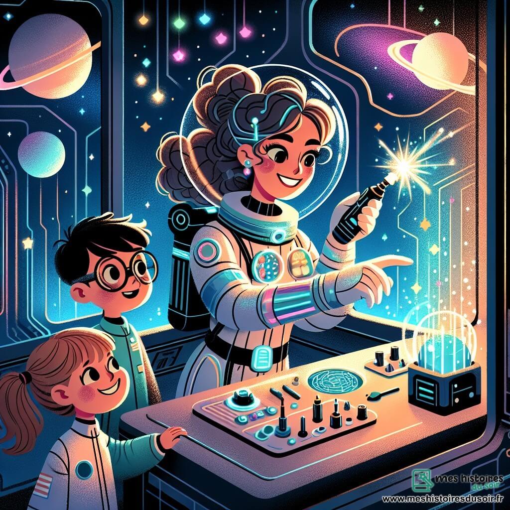 Une illustration sous forme de dessin destinée aux enfants représentant l'intérieur d'une station spatiale futuriste, avec des murs brillants et des lumières colorées, où une ingénieure souriante, une femme aux cheveux bouclés et à la combinaison spatiale étincelante, utilise un outil magique pour réparer un panneau de contrôle, tandis que deux astronautes, un garçon aux lunettes et une fille aux cheveux longs, l'observent avec admiration, tous entourés de planètes et d'étoiles scintillantes visibles à travers les hublots.