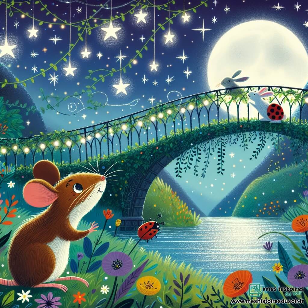 Illustration d'un pont enchanté, tissé de lianes vertes et illuminé par une douce lumière argentée de la lune, au-dessus d'une rivière scintillante. Sur le pont, un petit rat aux yeux pétillants et pelage brun clair, avec de grandes oreilles curieuses, se tient debout, les pattes avant levées, comme s'il écoutait la nuit. À ses côtés, un lapin espiègle aux longues oreilles blanches et à la fourrure douce saute joyeusement, et une coccinelle rouge aux points noirs, perchée sur l'épaule du rat, regarde autour avec détermination. La scène dégage une atmosphère de magie et d'amitié, avec des étoiles scintillantes dans le ciel et des fleurs colorées bordant le chemin du pont, symbolisant l'espoir et la joie.