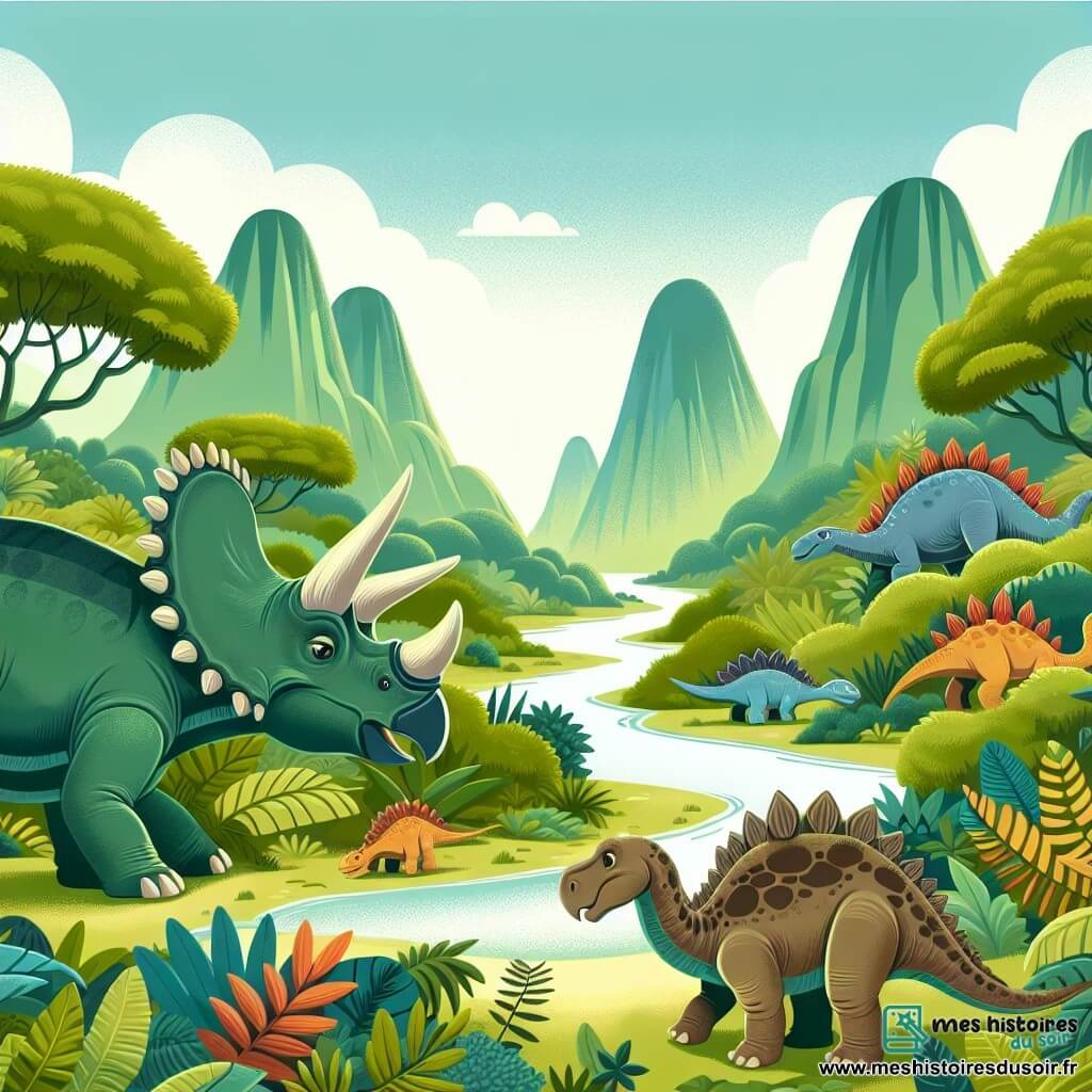 Une illustration destinée aux enfants représentant un tricératops majestueux rencontrant une stégosaure perdue dans une vallée luxuriante parsemée de végétation luxuriante et de dinosaures préhistoriques.