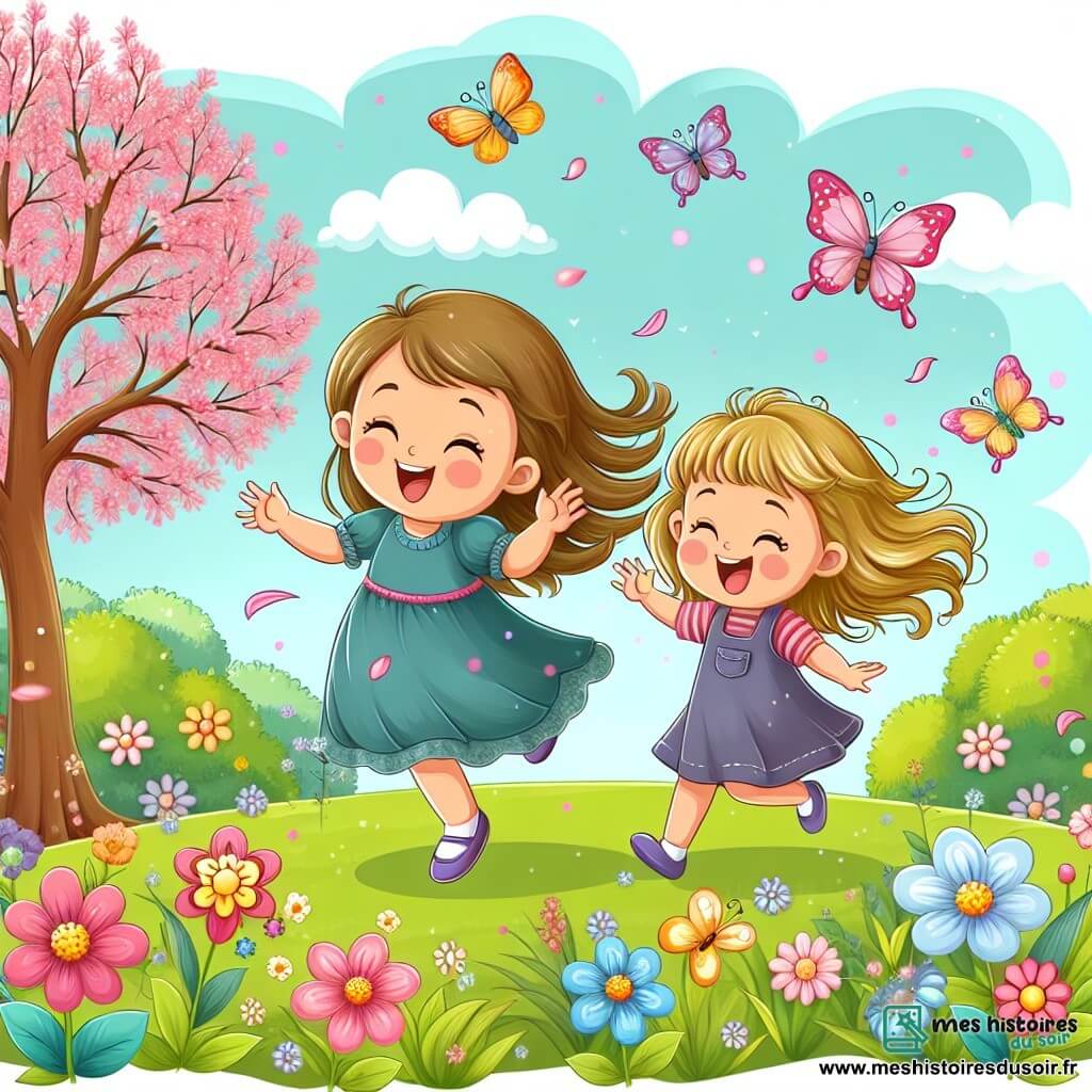Une illustration destinée aux enfants représentant une petite fille joyeuse s'amusant dans un parc fleuri avec sa maman, entourées d'arbres bourgeonnants, de papillons virevoltant et de fleurs colorées.