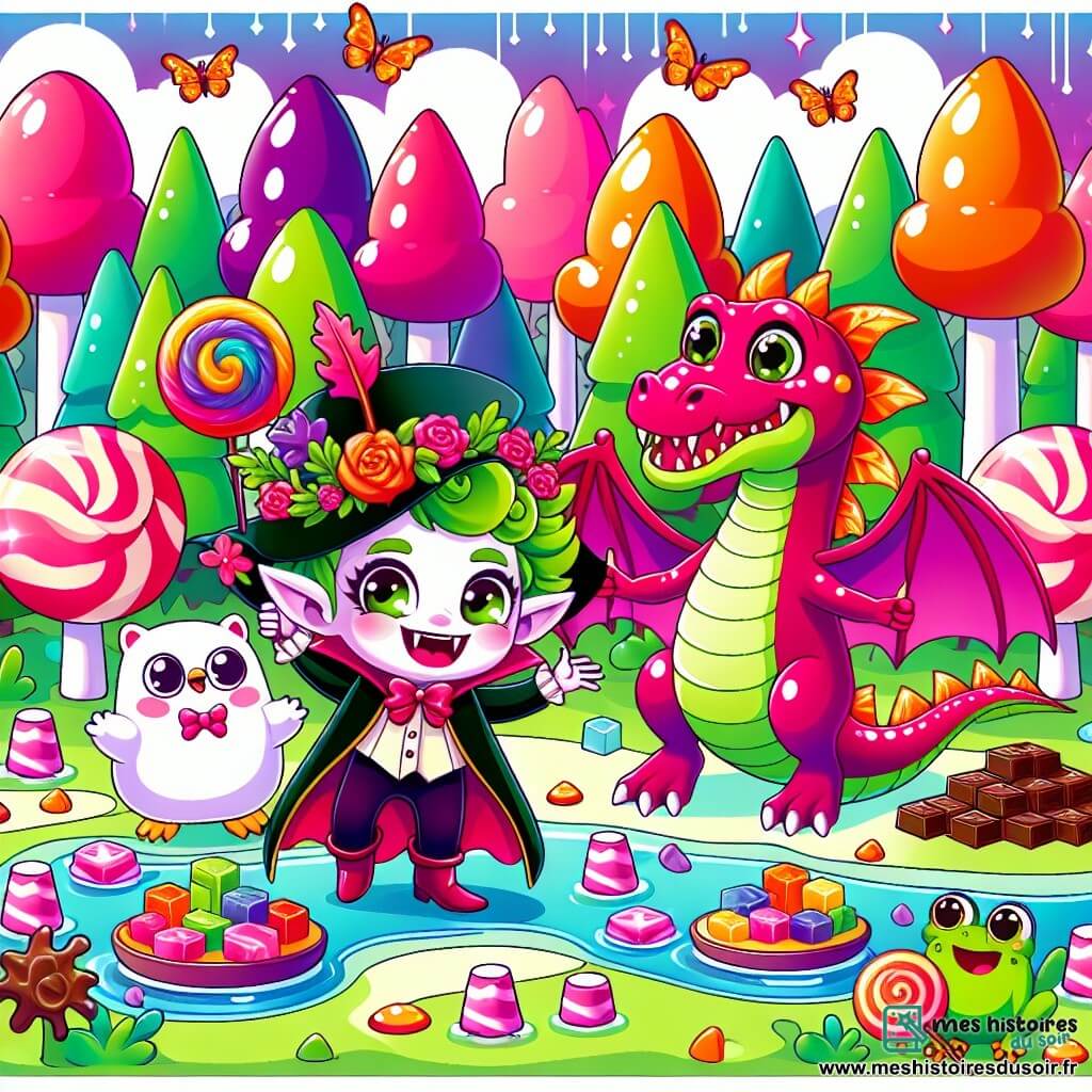 Une illustration sous forme de dessin destinée aux enfants représentant une forêt enchantée aux couleurs vives, avec des arbres en guimauve et des rivières de chocolat, où un vampire aux grandes oreilles en forme de feuilles, à la peau rose éclatant et à la moustache ondulante, danse joyeusement avec un dragon aux écailles brillantes comme des bonbons, tandis qu'une grenouille au chapeau fleuri et un hibou aux yeux ronds les encouragent, tous célébrant leur amitié après avoir retrouvé un trésor volé par le dragon.