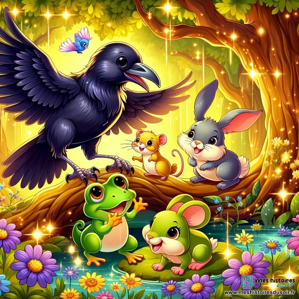 Une illustration sous forme de dessin destinée aux enfants représentant une forêt enchantée baignée de lumière dorée, avec un corbeau aux plumes noires brillantes, perché sur une branche d'un grand chêne, regardant avec curiosité un groupe d'amis : une petite souris aux yeux pétillants, un lapin aux grandes oreilles sautillant joyeusement, et une grenouille verte assise sur une feuille, tous ensemble, déterminés à retrouver l'eau d'un ruisseau asséché, tandis que des fleurs colorées dansent autour d'eux, créant une atmosphère magique et pleine d'espoir.