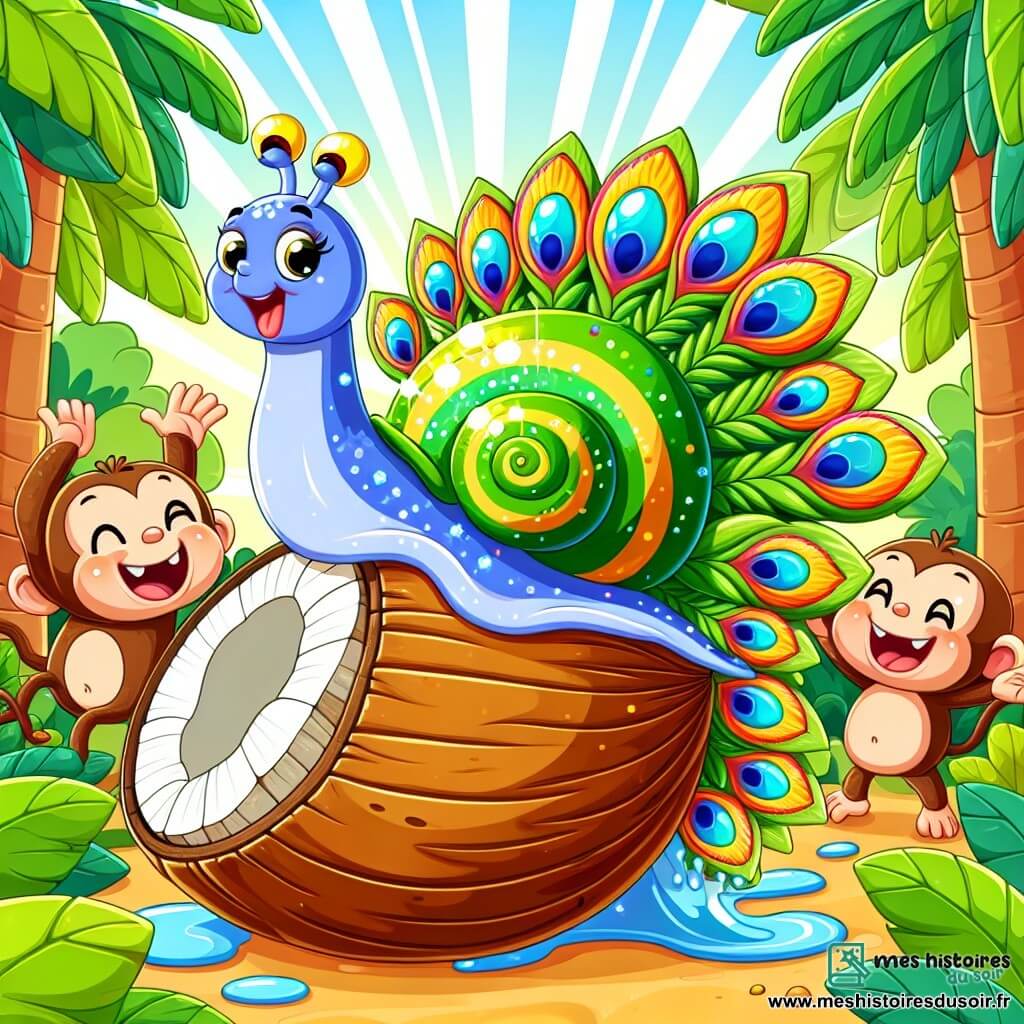 Une illustration sous forme de dessin destinée aux enfants représentant une jungle colorée et vibrante, avec un escargot au corps luisant et à la coquille verte, glissant joyeusement sur une noix de coco tout en surfant, entouré de divers animaux comme un paon flamboyant aux plumes éclatantes qui l'encourage avec enthousiasme, et un groupe de singes rieurs observant la scène, capturant l'instant amusant où l'escargot prouve qu'il peut être rapide à sa manière, le tout baigné dans une lumière ensoleillée et joyeuse.