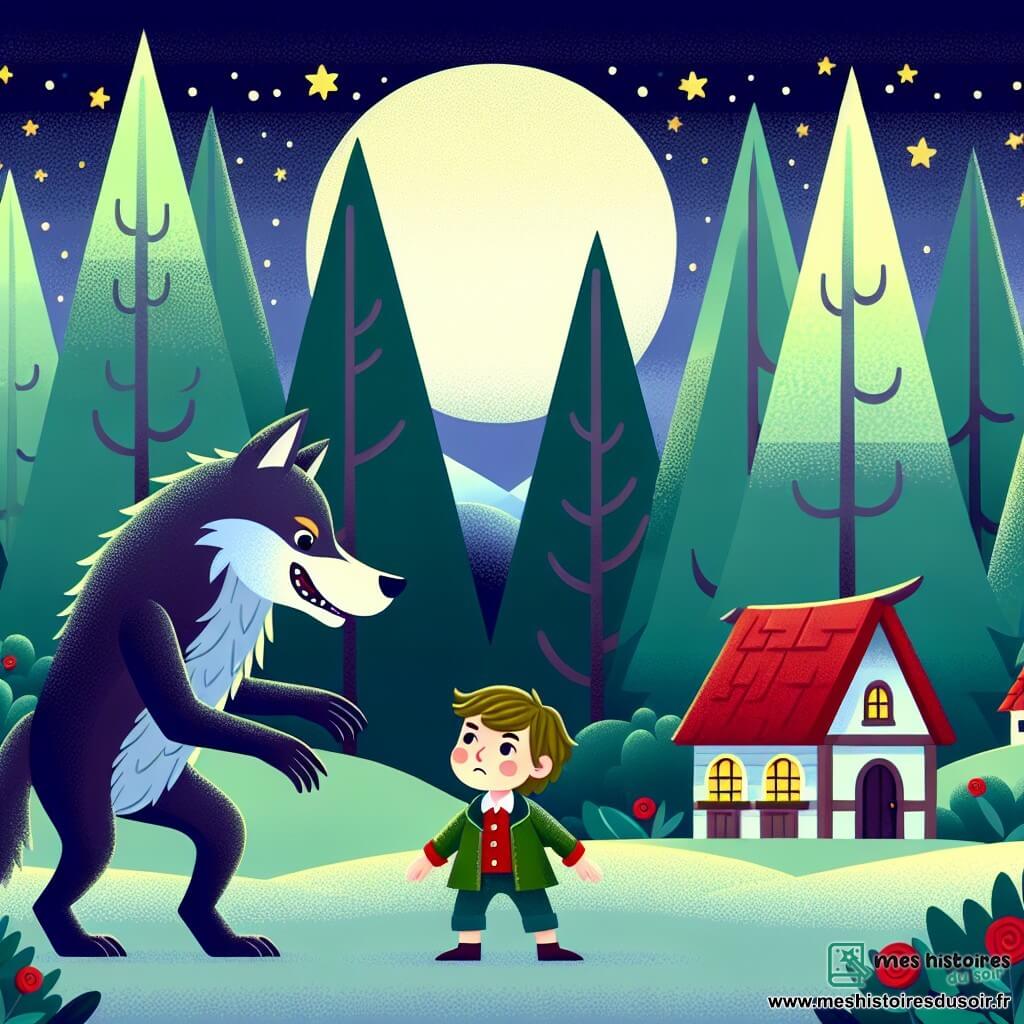 Une illustration destinée aux enfants représentant un petit garçon courageux confrontant le grand méchant loup dans un village au cœur de la forêt, avec en toile de fond des arbres majestueux et un ciel étoilé.