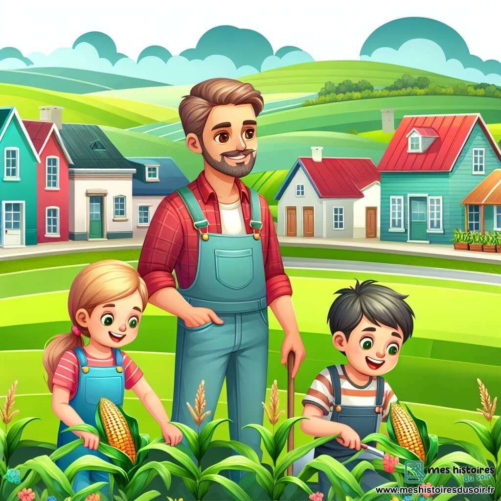 Une illustration destinée aux enfants représentant un homme passionné par l'agriculture, accompagné d'une fille et d'un garçon, travaillant ensemble dans un champ de maïs au sein d'un village pittoresque nommé Belle-Vallée, où les maisons colorées sont entourées de vastes champs verdoyants et de collines ondulantes.