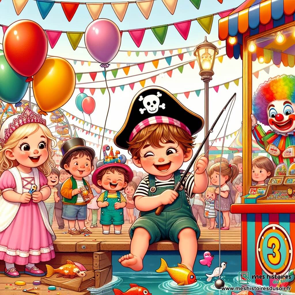Une illustration sous forme de dessin destinée aux enfants représentant une place de carnaval animée, décorée de guirlandes colorées et de ballons flottants, où un petit garçon de 3 ans, avec des cheveux bruns en désordre et un chapeau de pirate, s'amuse à pêcher un poisson en plastique dans un stand de jeux, tandis qu'à ses côtés, une petite fille aux cheveux blonds et une robe de princesse sourit en tenant un canard en plastique, et un garçon clown aux cheveux multicolores fait des grimaces, le tout baigné dans une ambiance joyeuse et festive.