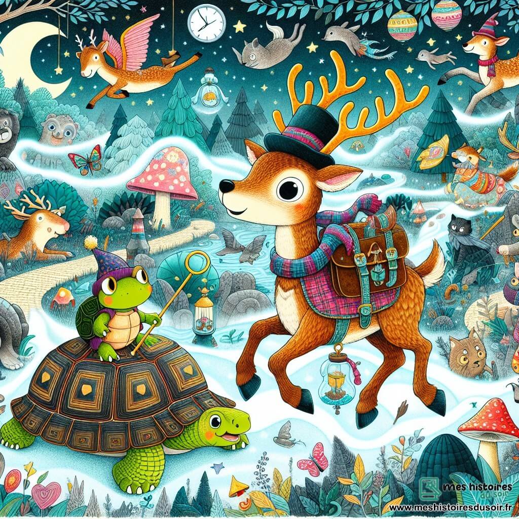 Une illustration destinée aux enfants représentant un renne farceur, un lieu enchanté rempli de mystères, accompagné d'une tortue curieuse, où se déroulent des aventures amusantes avec d'autres animaux rigolos.