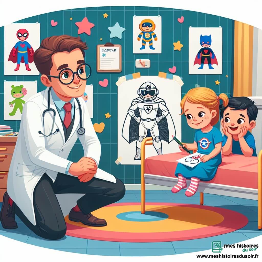 Une illustration sous forme de dessin destinée aux enfants représentant l'intérieur d'un hôpital pédiatrique coloré, avec des murs ornés de dessins de super-héros, où un médecin homme au sourire chaleureux, portant une blouse blanche et des lunettes rondes, s'agenouille à côté d'une petite fille blonde, assise sur son lit, qui tient un crayon et un dessin de super-héros médecin, tandis qu'un garçon aux cheveux bruns, vêtu d'un t-shirt d'astronaute, les observe avec admiration, le tout dans une atmosphère joyeuse et réconfortante.