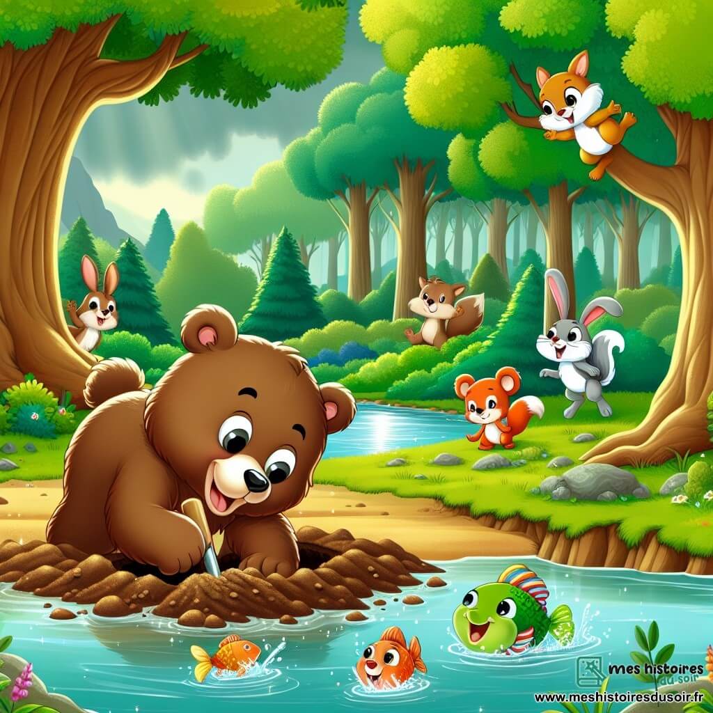 Une illustration sous forme de dessin destinée aux enfants représentant une grande forêt verdoyante avec un ruisseau scintillant, où une ourse brune au pelage brillant, joyeusement en train de creuser le sol avec ses pattes, est entourée d'un petit poisson aux écailles colorées sautillant hors de l'eau, d'un écureuil malicieux portant une vieille chaussure sur la tête, et d'une lapine aux grandes oreilles observant avec curiosité, alors qu'ils cherchent ensemble un trésor caché sous un grand chêne, créant une atmosphère d'amitié et d'aventure ludique.