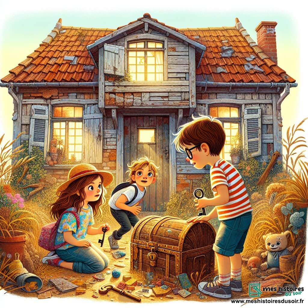 Illustration d'une vieille maison abandonnée avec des murs en bois usés, des fenêtres poussiéreuses et un jardin envahi par des herbes folles. La porte est entrouverte, laissant entrevoir une lumière tamisée à l'intérieur. Trois enfants sont au premier plan : une fille de 8 ans aux longs cheveux bruns, en robe colorée et chapeau de paille, observe un vieux coffre ; un garçon de 7 ans avec des cheveux blonds en bataille, en t-shirt rayé et short, tient une clé rouillée, les yeux brillants d'excitation ; enfin, un garçon de 9 ans avec des lunettes et des cheveux châtains, en chemise à carreaux, s'accroupit pour examiner le coffre, souriant d'anticipation. La scène capture leur découverte du coffre mystérieux, entourés d'objets anciens et de poussière, symbolisant leur aventure d'enquêteurs, avec des feuilles jaunies et des jouets oubliés ajoutant magie et mystère.